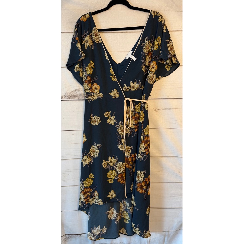Leith Floral Wrap Dress Teal Blue Mustard Yellow High Low Flutter Sleeve Large